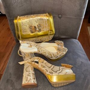 Women’s Bruno Giordano Gold Leopard Slingback Heels and NWT Matching Handbag 37